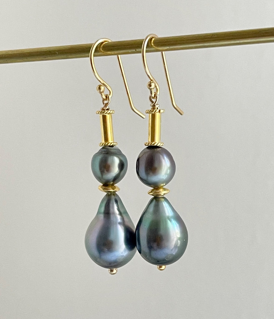 stacked Tahitian drop sculpture earrings