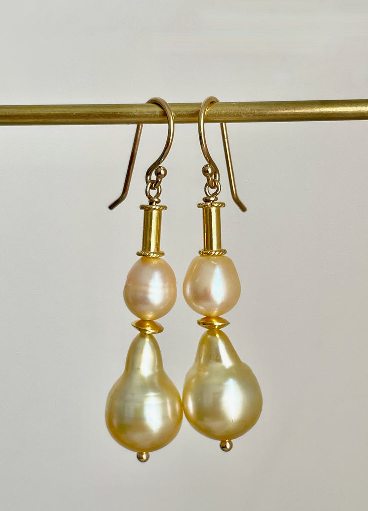 stacked golden South Sea and Akoya pearl earrings