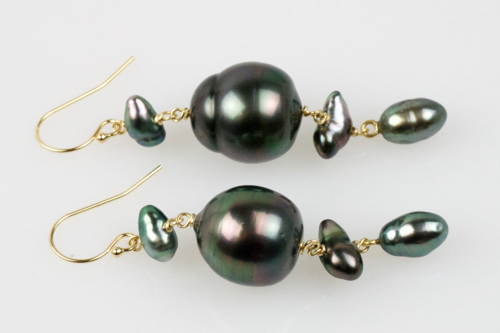 deep black rainbow tahitian pearl cascade earrings