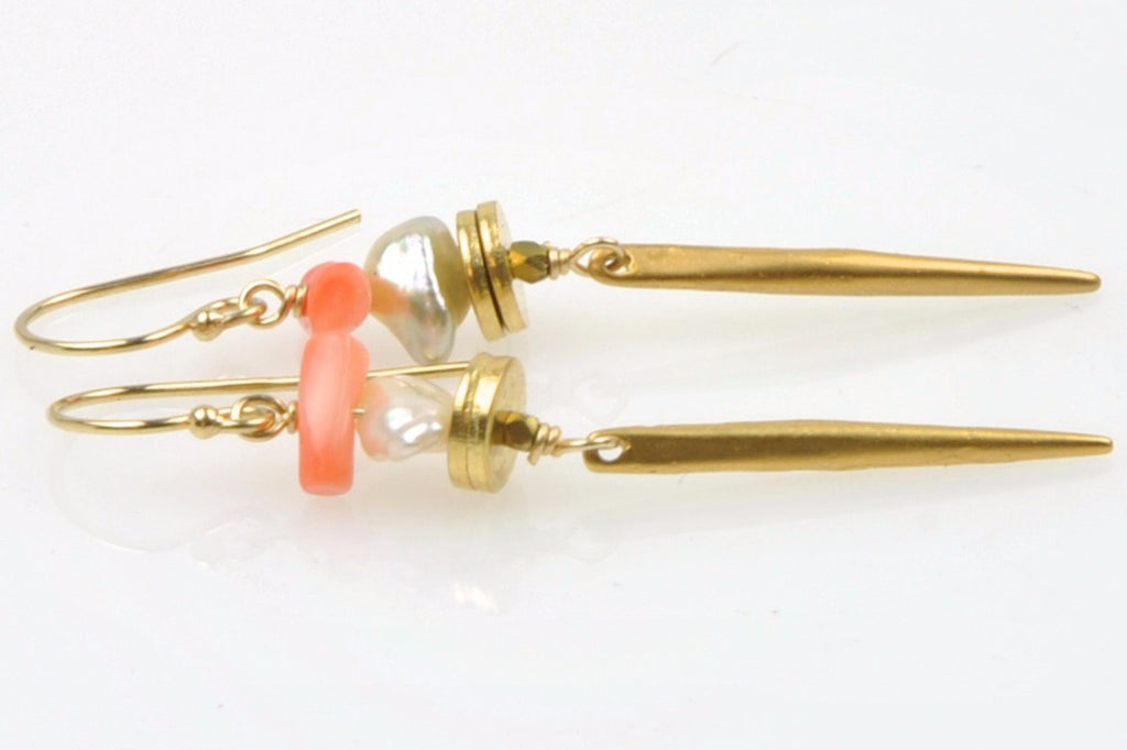 coral, pearl and spike earrings