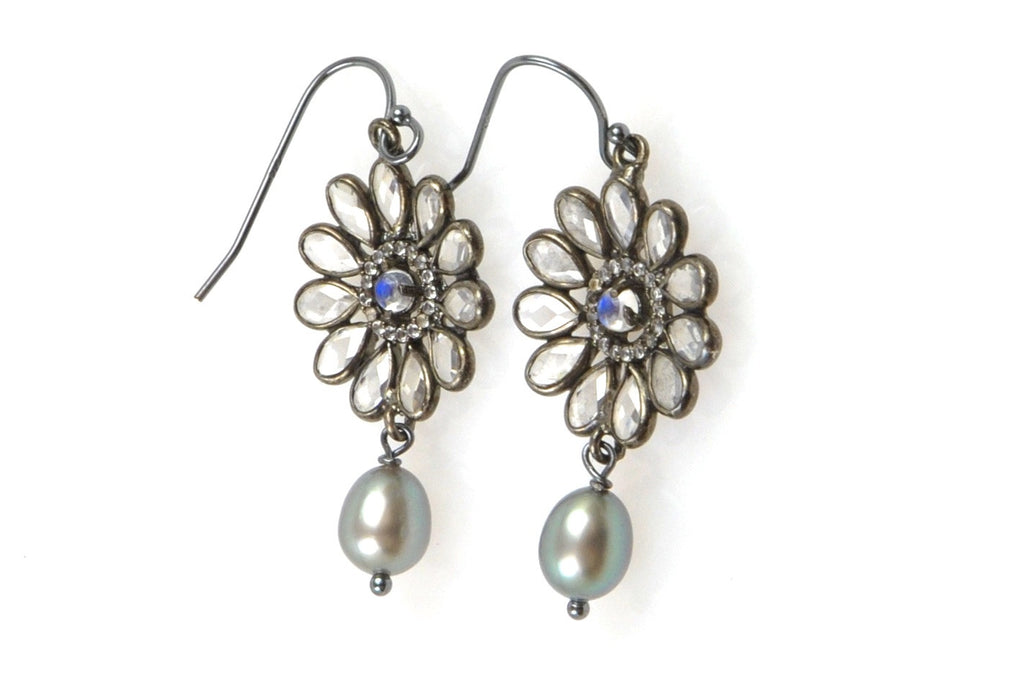 topaz daisy and dyed grey pearl earrings