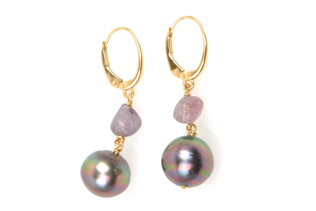 sapphire and peacock tahitian pearl earrings