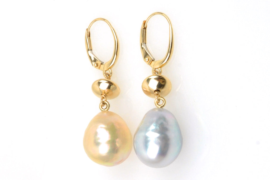 asymmetrical japan kasumi and blue south sea pearl earrings
