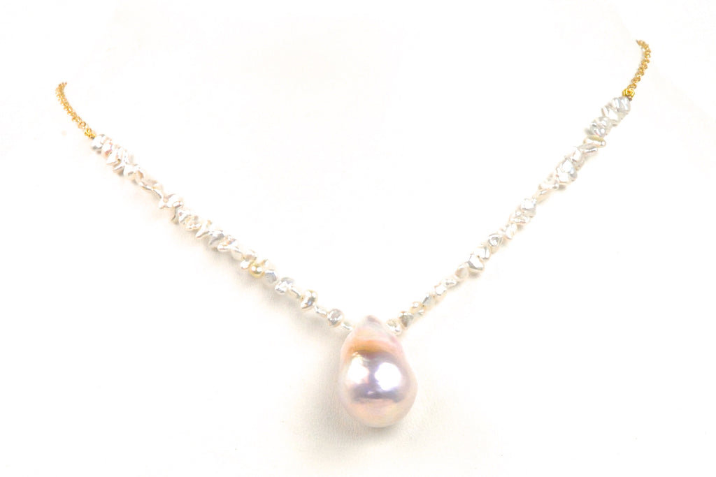akoya keshi and big drop pearl chain necklace