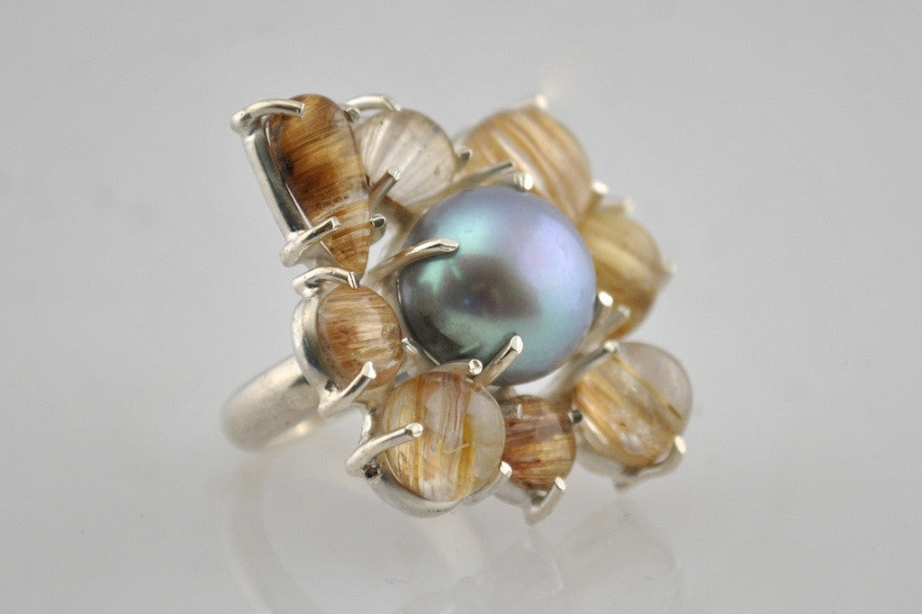 rutilated quartz and pearl cocktail ring