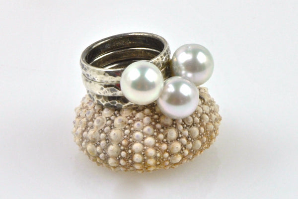 oxidized silver white south sea pearl stacking rings