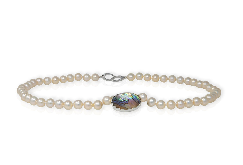 Metallic Chinese freshwater pearl and abalone with quartz necklace