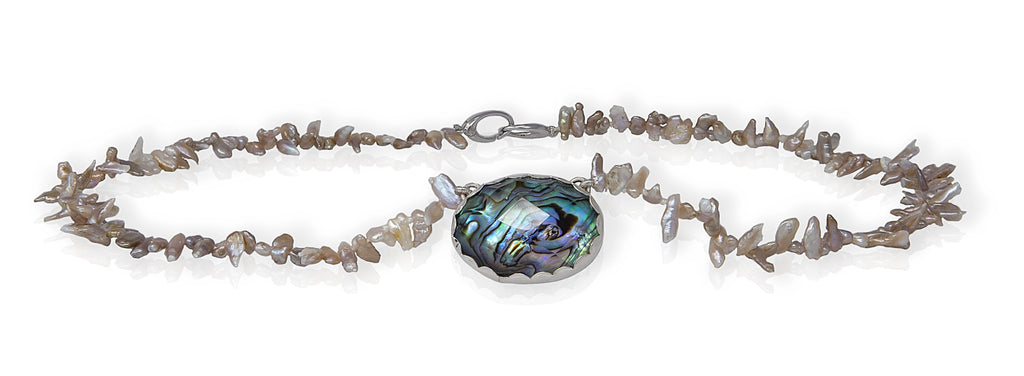 Spiky Chinese freshwater keshi and abalone with quartz necklace